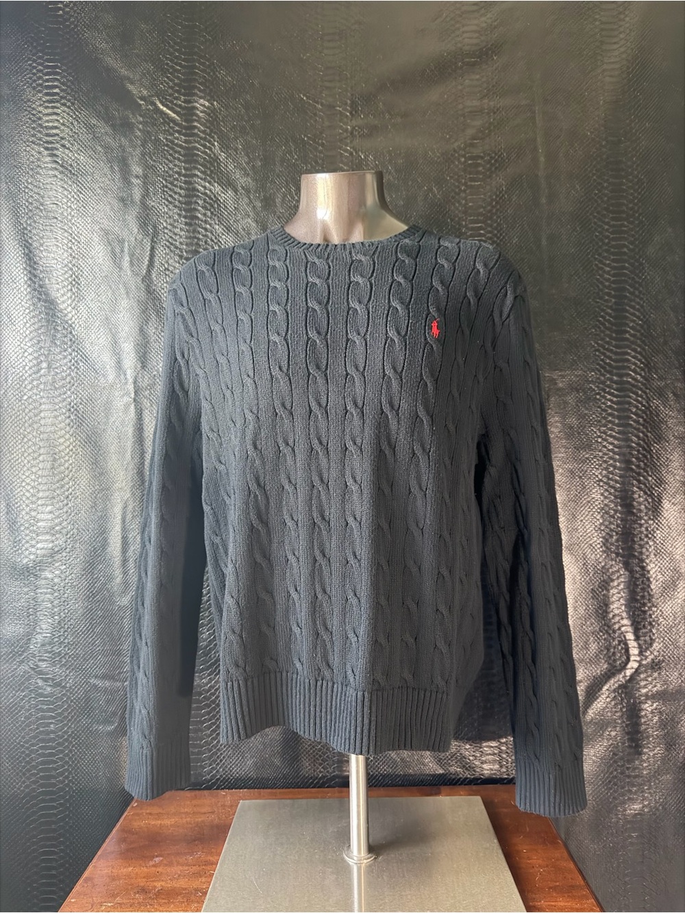 Polo Ralph Lauren Men's Cable-Knit Crew Neck Sweater Black Red Pony 2XL